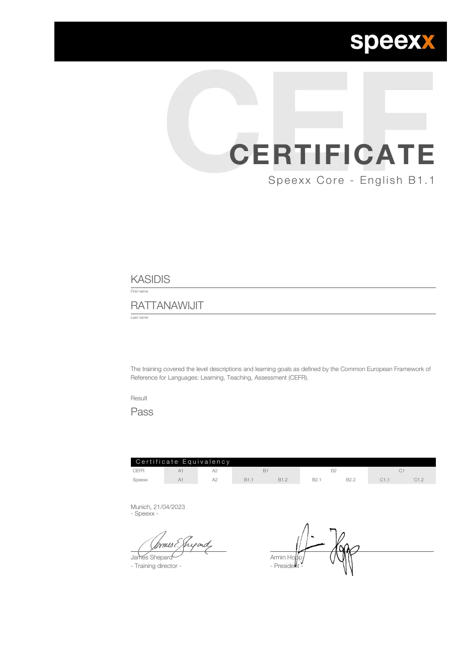 Speexx Core English B1.1 CEFR certificate